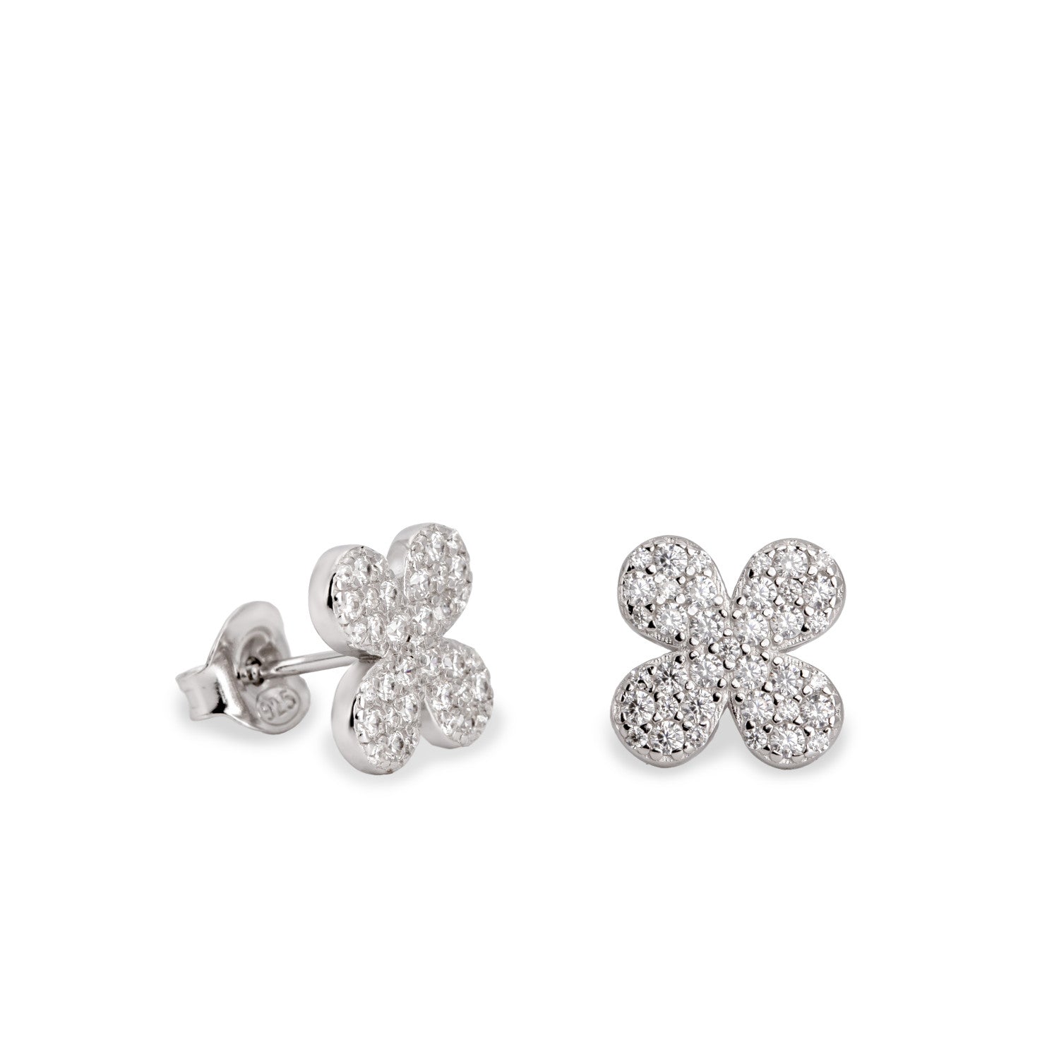 Pendientes pequeños de plata en forma de trébol con circonita-LINEARGENT