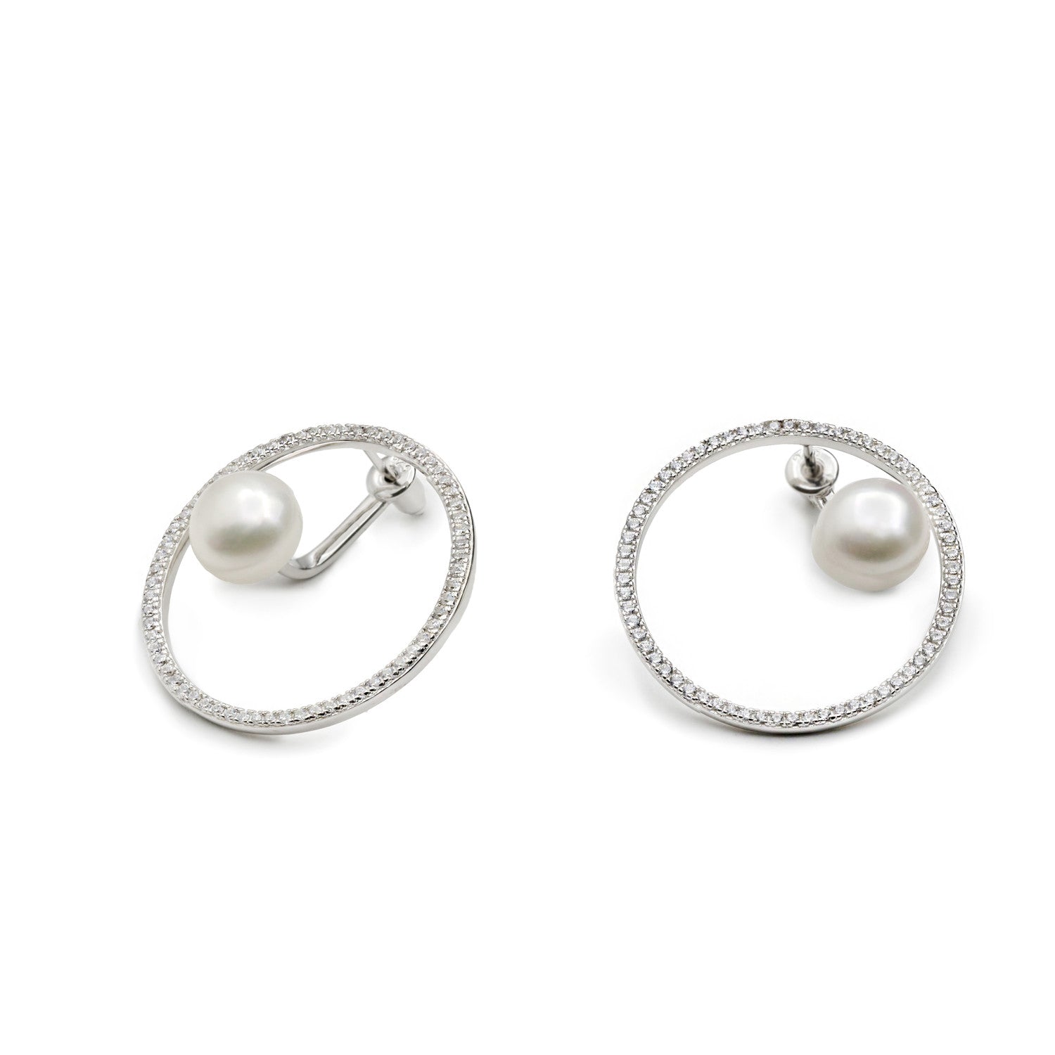 Pendientes perla central diseño circular con circonitas-LINEARGENT