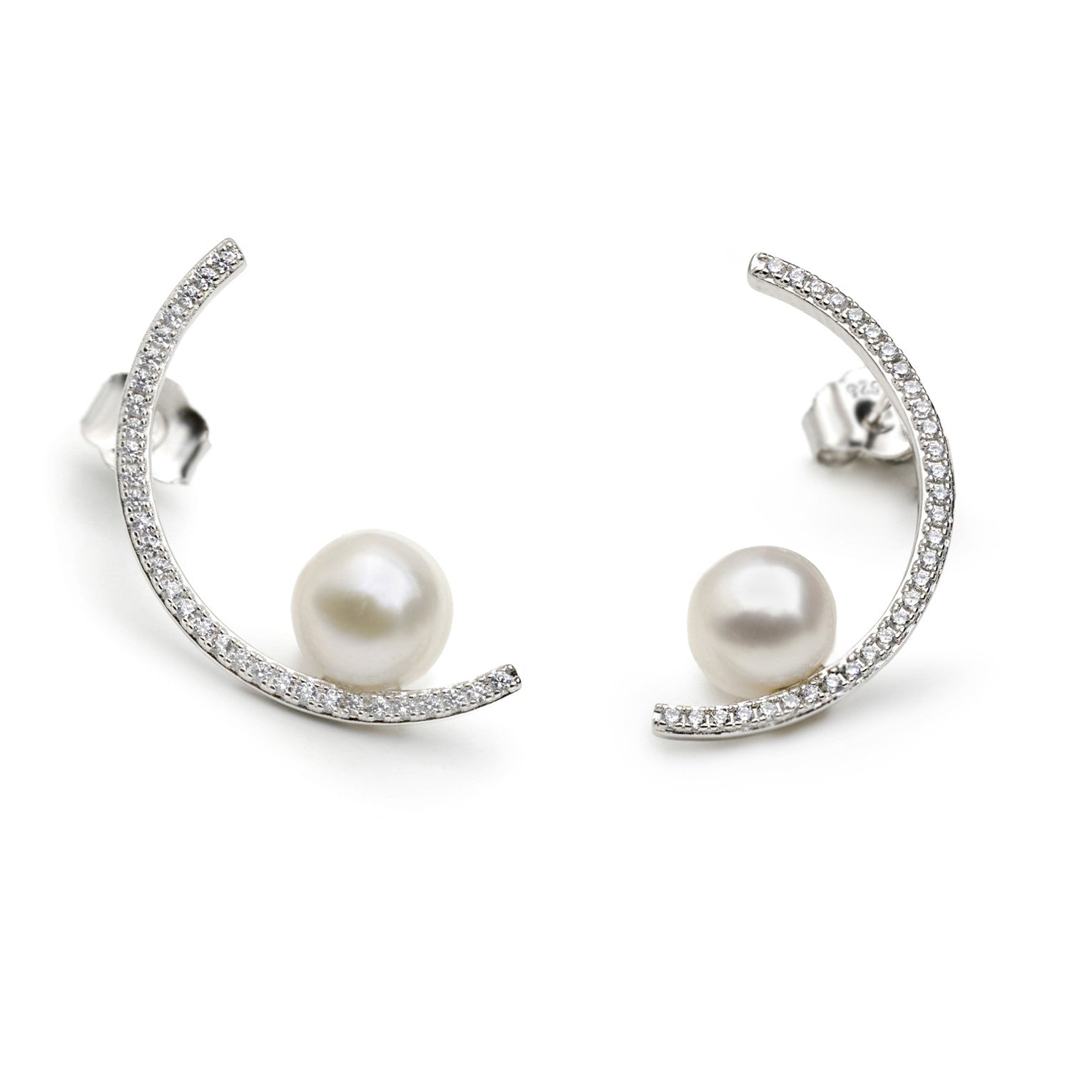 Pendientes perlas diseño semicircular con circonitas