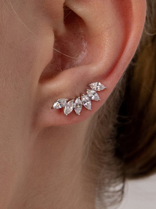 Pendientes trepadores de plata con seis circonitas talla marquesa modelo ovalado-LINEARGENT