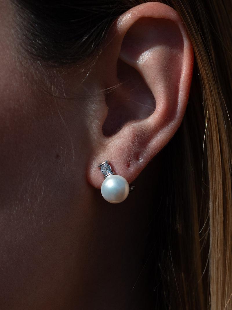 Pendientes tu y yo diseño perla y cuarzo adamantino-LINEARGENT