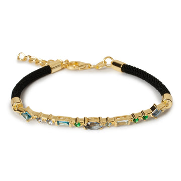 Pulsera de plata con piedras azules y cordón negro