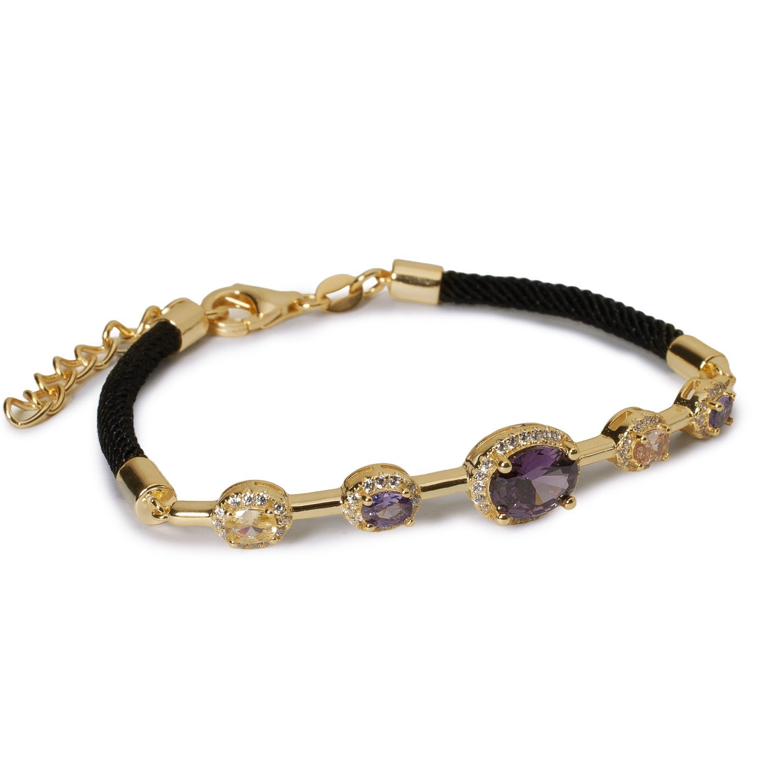 Pulsera de plata con piedras de colores en tonos morados y cordón negro-LINEARGENT