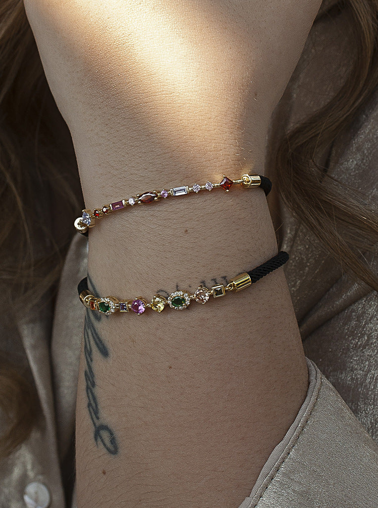 Pulsera de plata con piedras naranjas y cordón negro-LINEARGENT