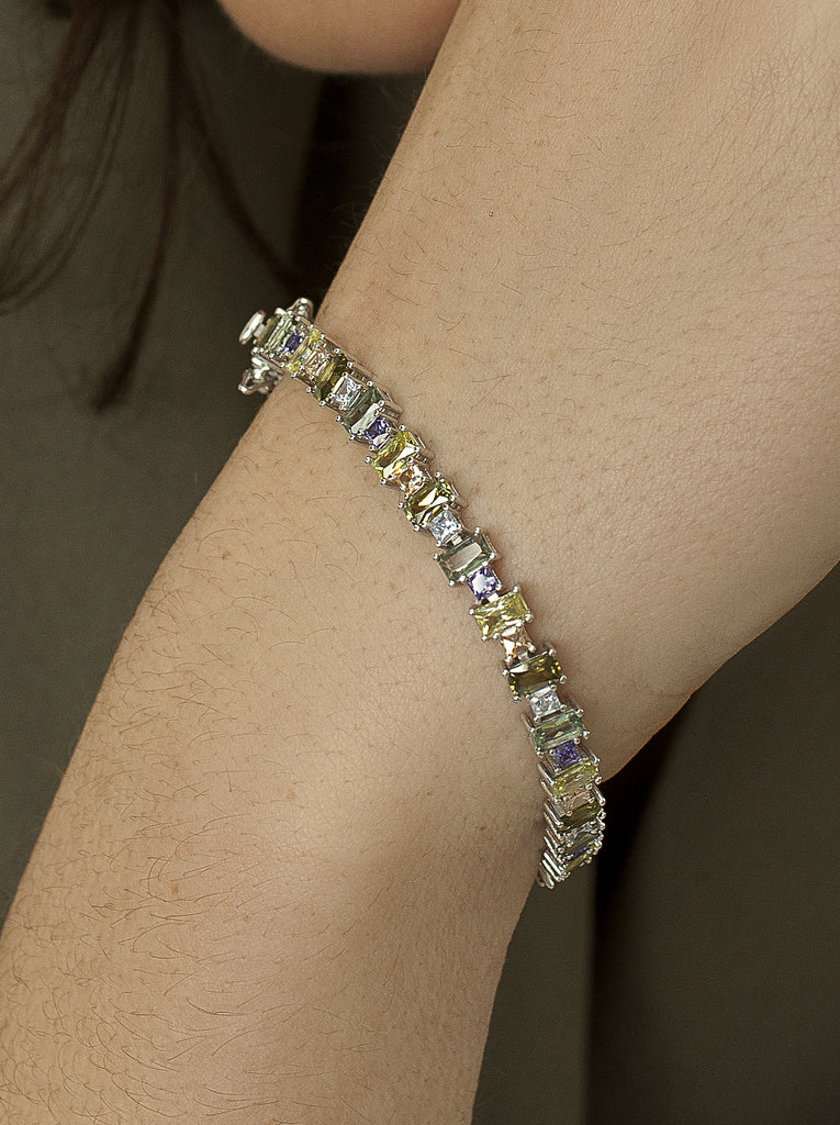 Pulsera de plata con piedras rectangulares en tonos verdes-LINEARGENT
