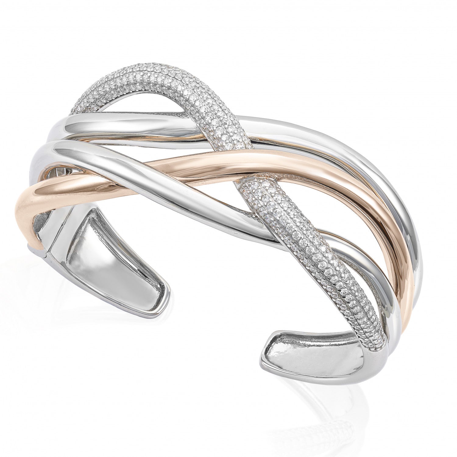 Pulsera esclava de plata raíles bicolor con circonitas-LINEARGENT