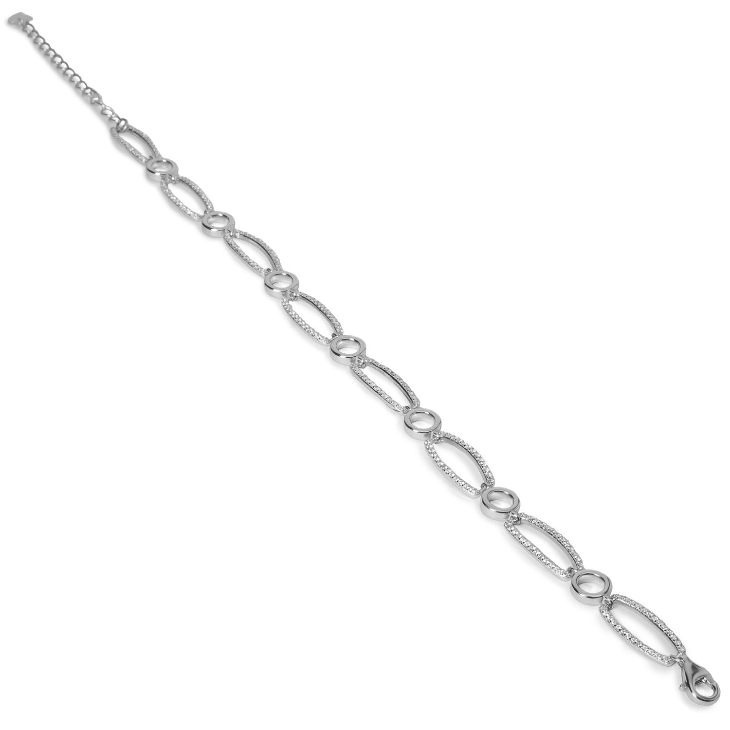 Pulsera eslabones de plata con circonitas con forma ovalada y circular
