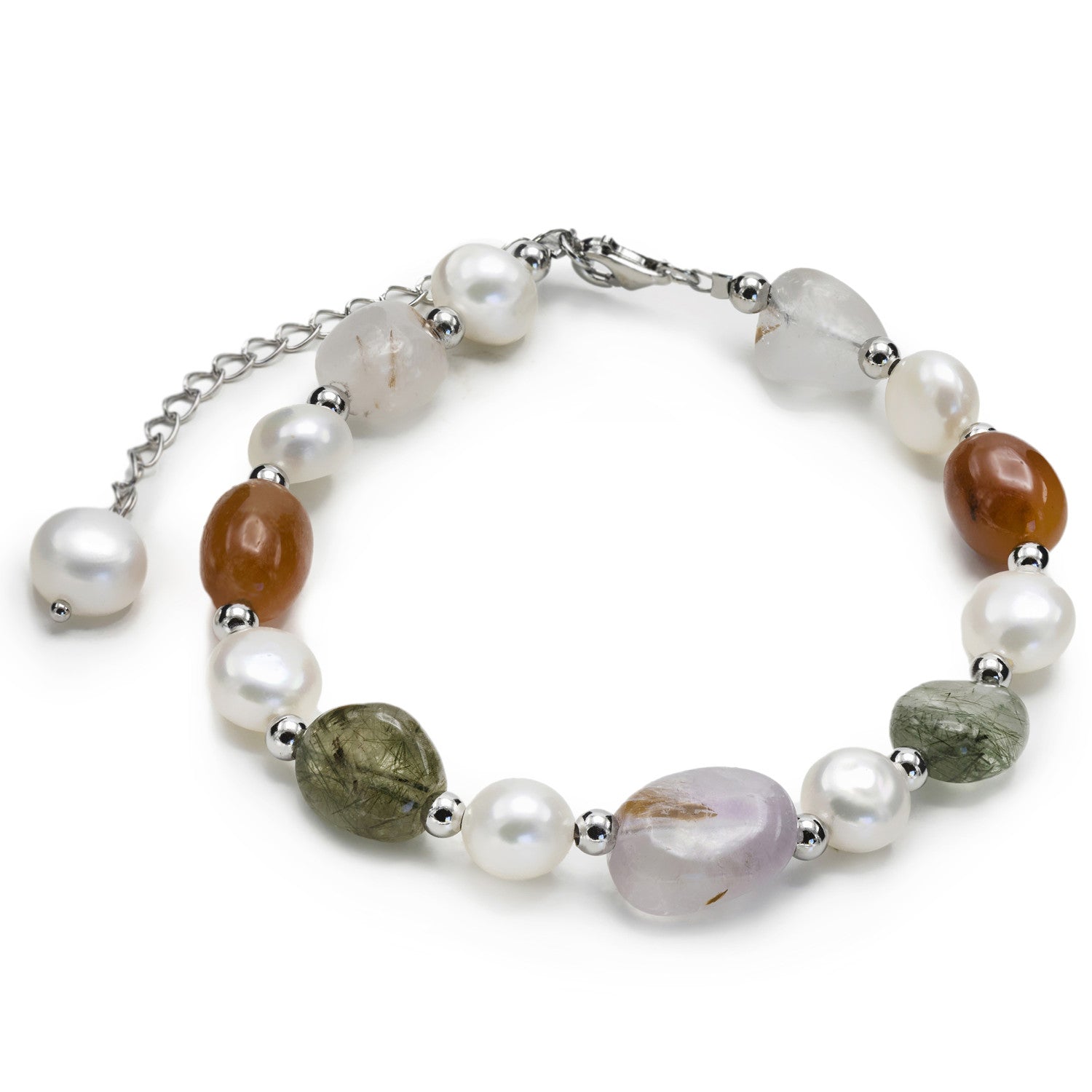 Pulseras con piedras de plata aventurina naranja cuarzo rosa rutilado y perlas de agua dulce-LINEARGENT