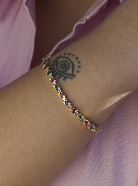 Pulseras con piedras de plata banda de circonitas multicolor talla esmeralda y redonda-LINEARGENT