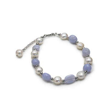 Pulseras con piedras de plata calcedonia azul y perlas de agua dulce