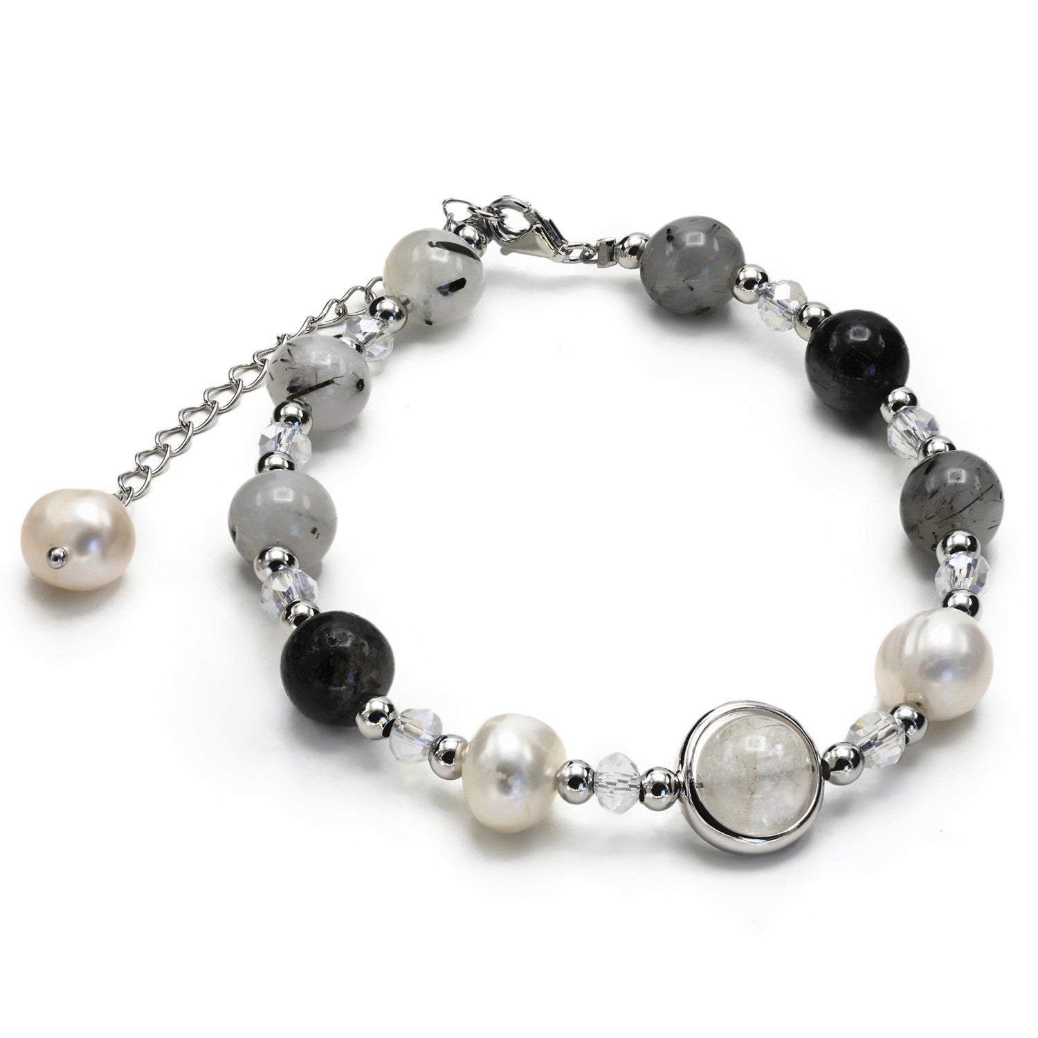 Pulseras con piedras de plata cuarzo ahumado y perlas de agua dulce-LINEARGENT