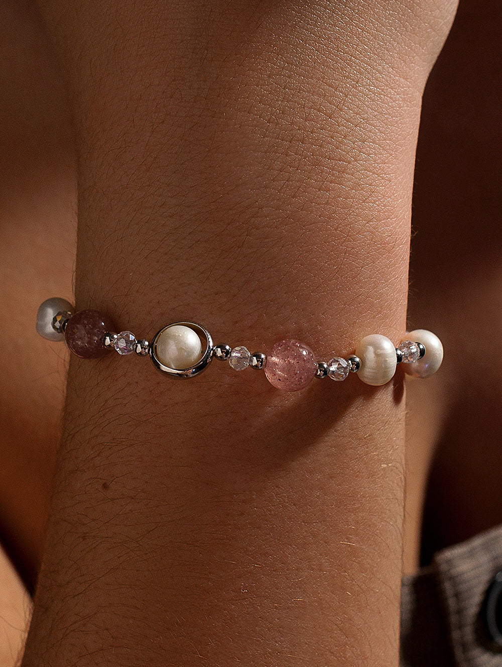 Pulseras con piedras de plata turmalina rosa y perlas de agua dulce-LINEARGENT