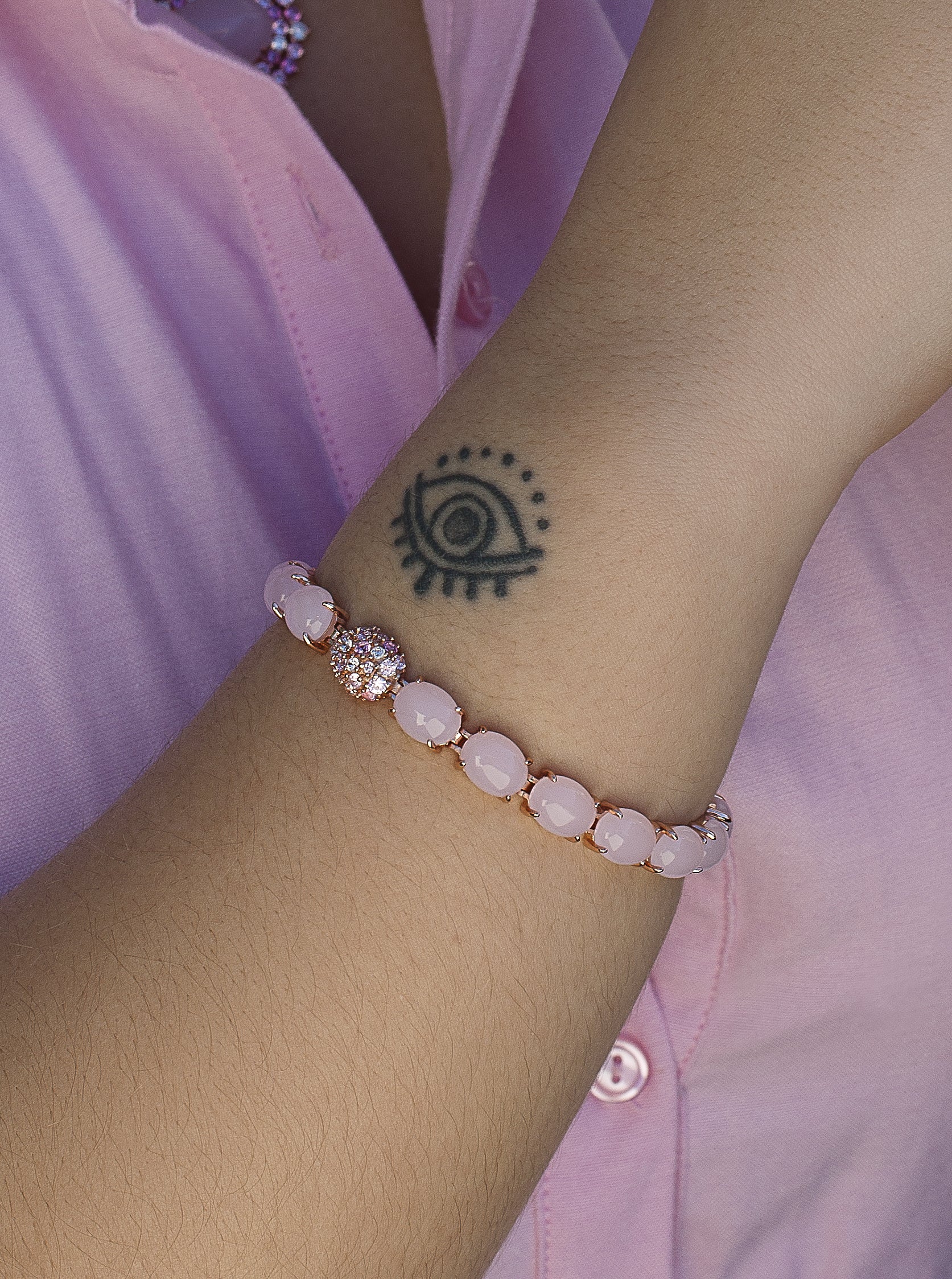 Pulseras con piedras estilo cabouchon de cuarzo rosa-LINEARGENT
