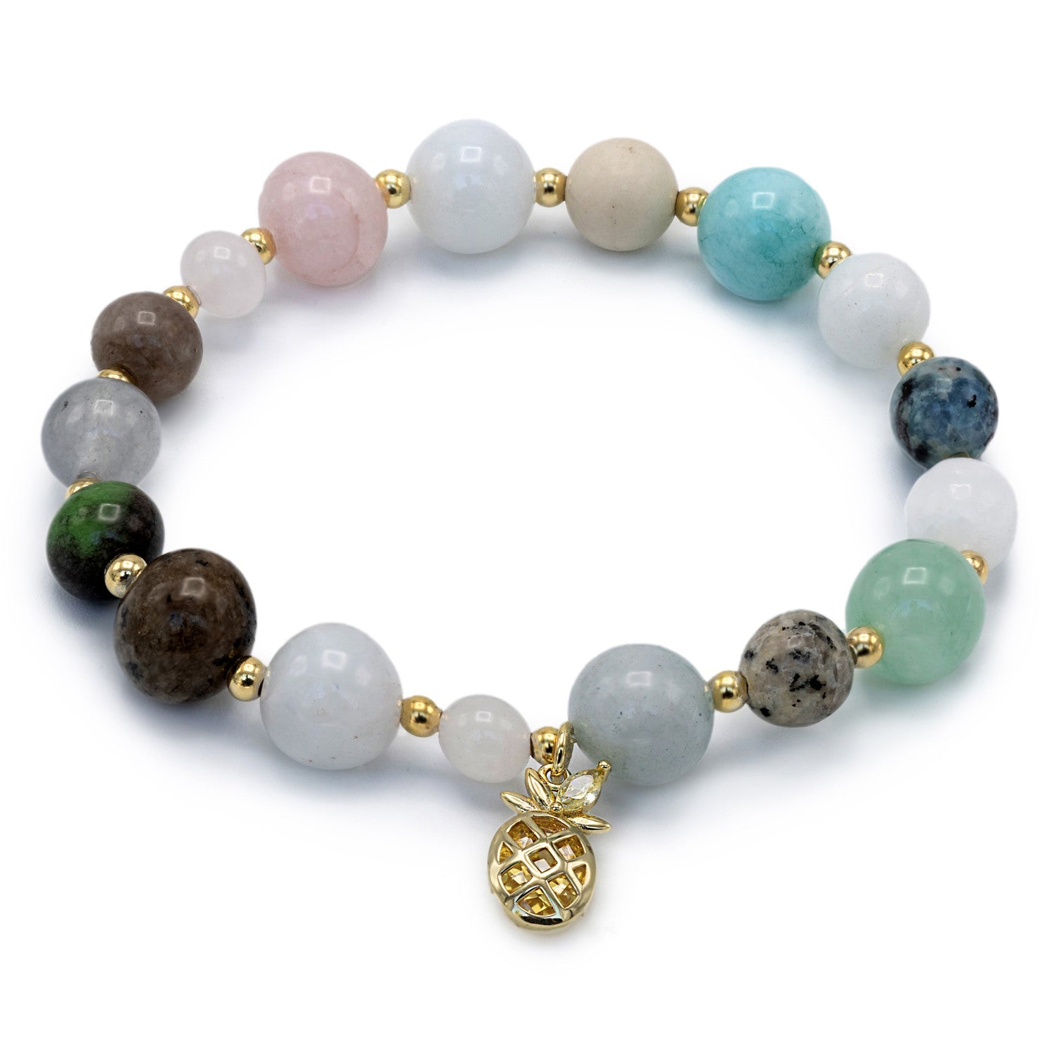 Pulseras de bolas de plata charm de piña y piedras semipreciosas variadas