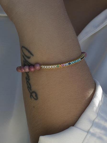 Pulseras de bolas en tonos rojizos con cenefa compuesta por perlas circonitas y bolas pequeñas-LINEARGENT