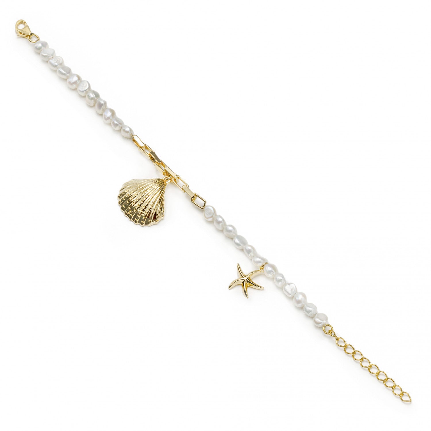 Pulseras de perlas en oro diseño charms de concha y estrella de mar-LINEARGENT