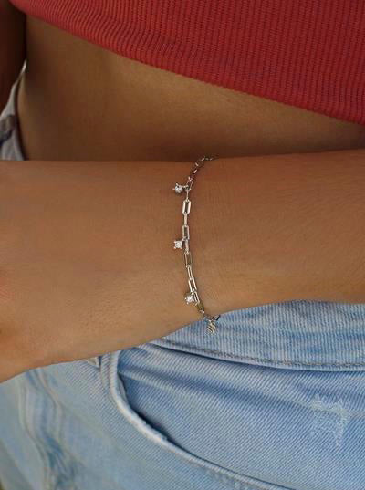 Pulseras finas de plata con circonitas colgantes estilo cadena-LINEARGENT