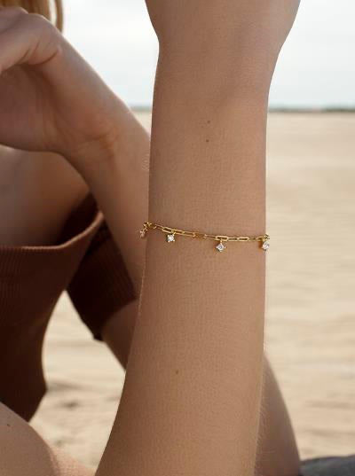 Pulseras finas de plata con circonitas colgantes estilo cadena dorado-LINEARGENT