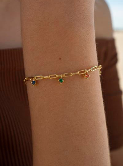 Pulseras finas de plata con circonitas multicolor colgantes estilo cadena dorado-LINEARGENT