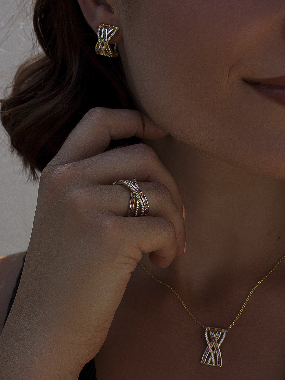 Gold-plated silver geometric earrings with multicolor stones