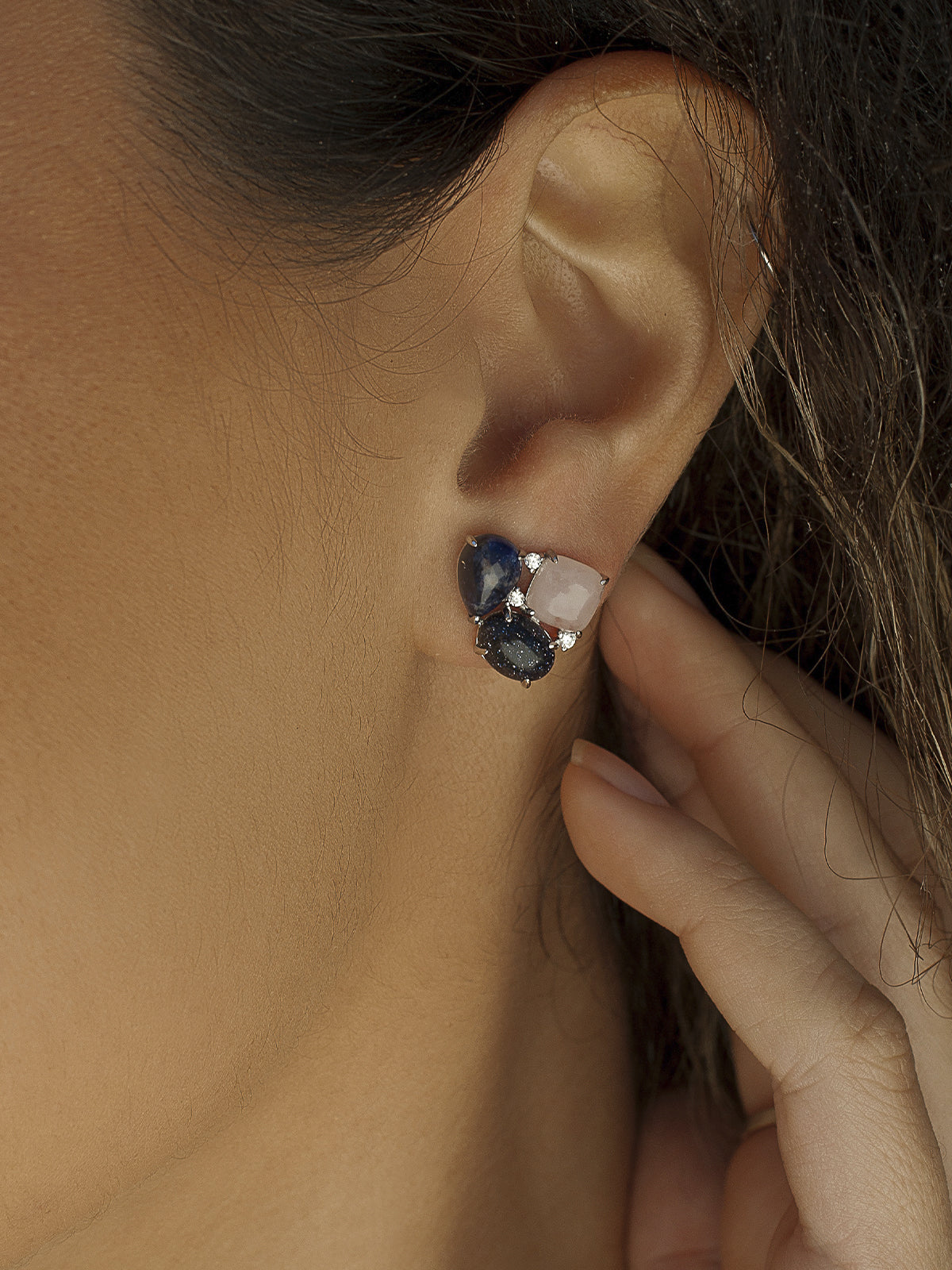 Natural stone triangular design earrings with cubic zirconia