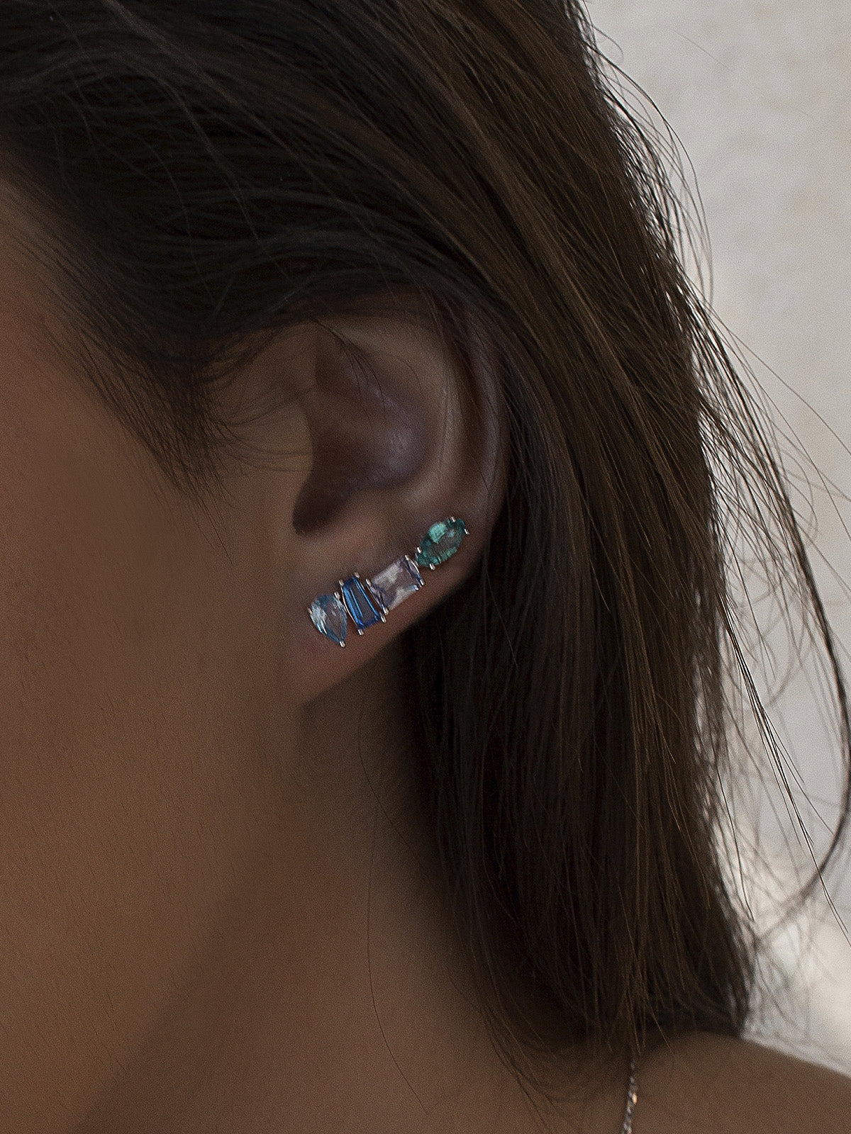 Silver climber earrings with blue and turquoise stones