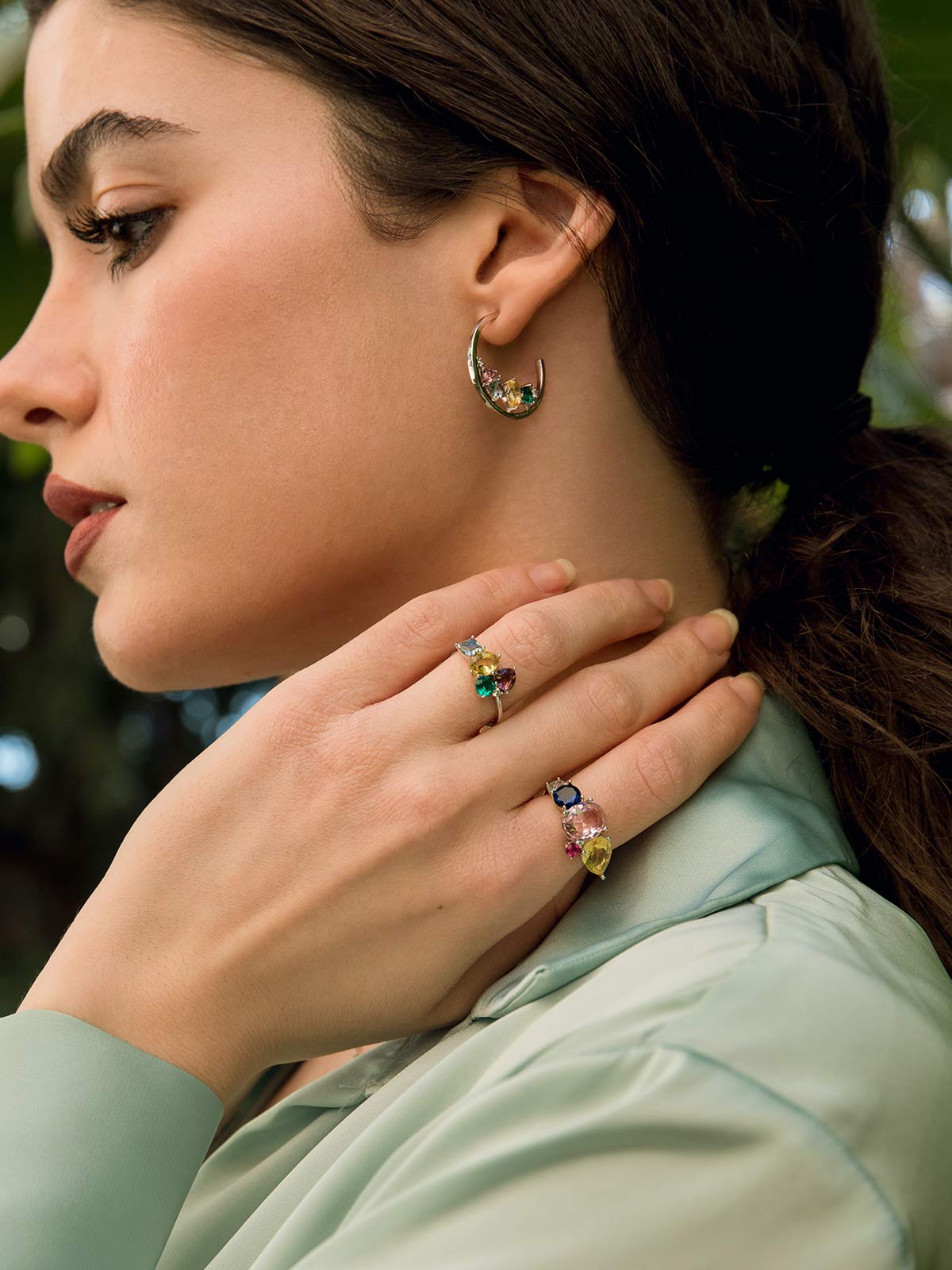 Hoop earrings with multicolored mosaic stones and cubic zirconia