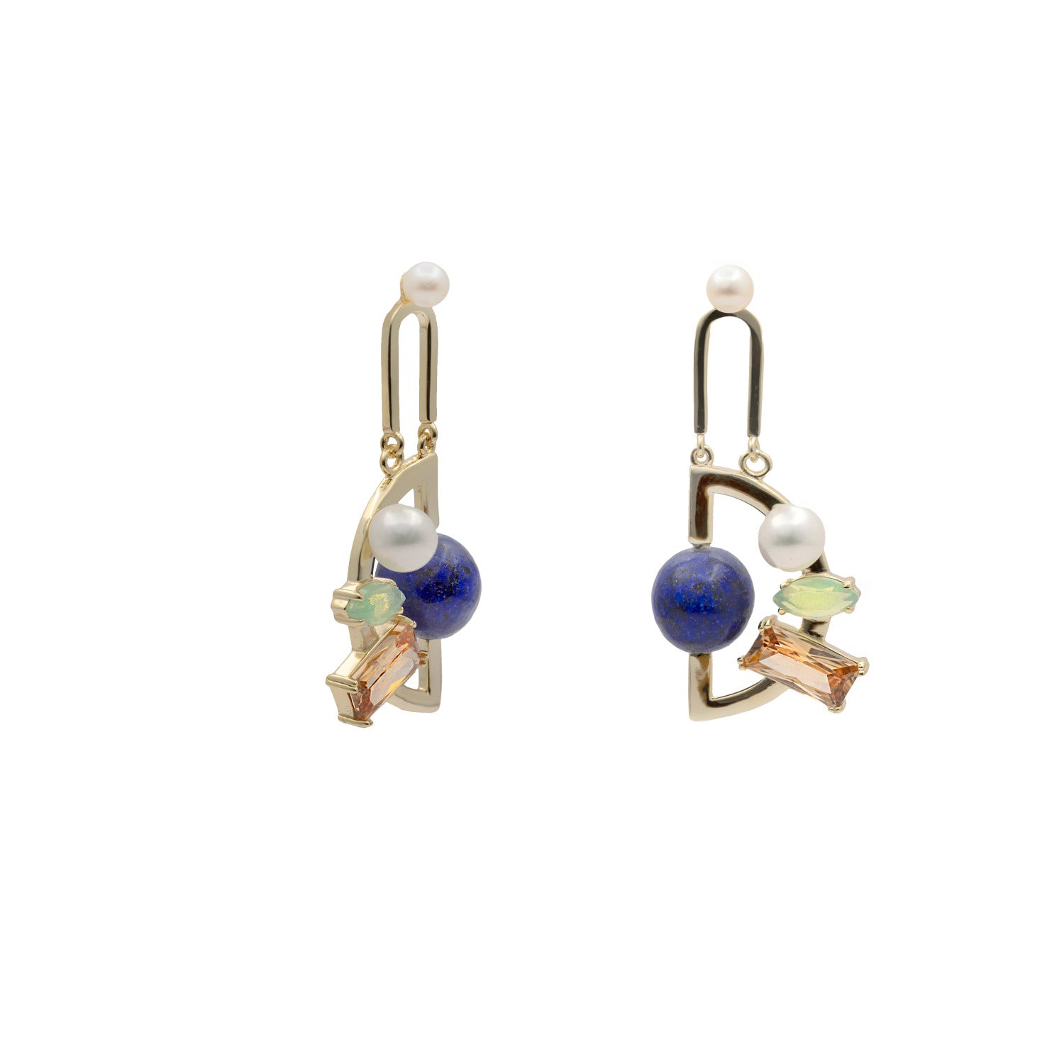 pendientes de plata dorados con piedras multicolores y perlas-LINEARGENT