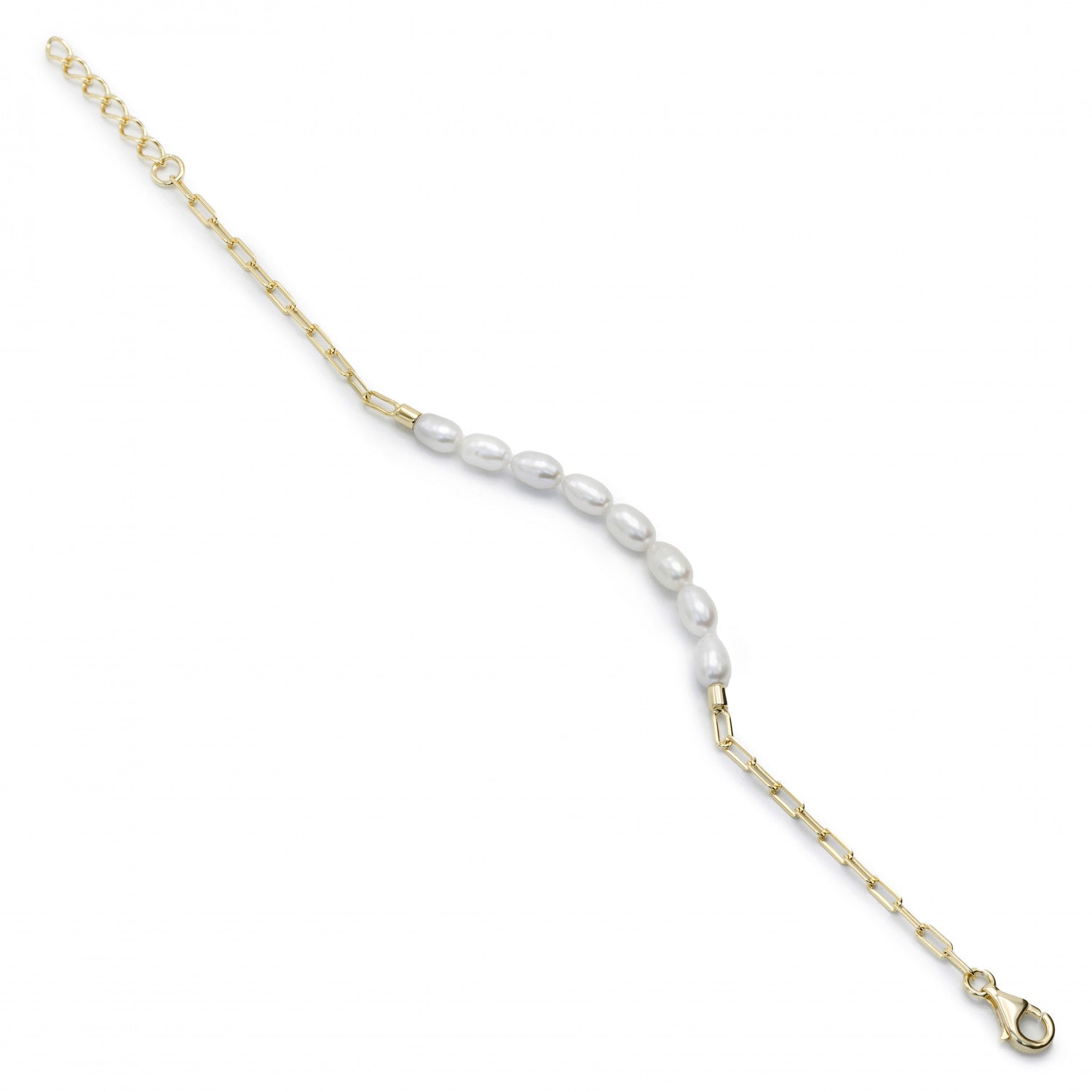 Pulseras de perlas diseño paper clip con baño de oro