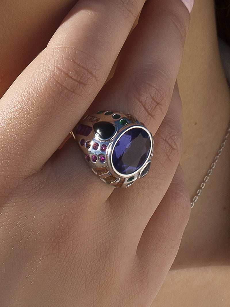 Anillo con piedras de colores multicolor diseño chaos-LINEARGENT