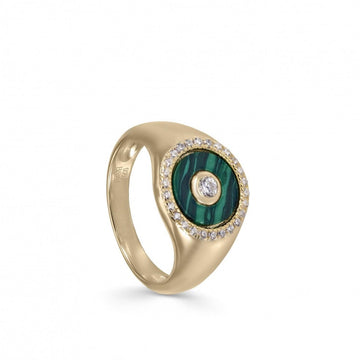 Anillo sello diseño círculo de malaquita y circonitas