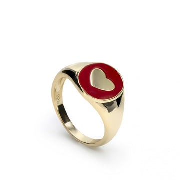 Anillo sello diseño de corazón y esmalte rojo
