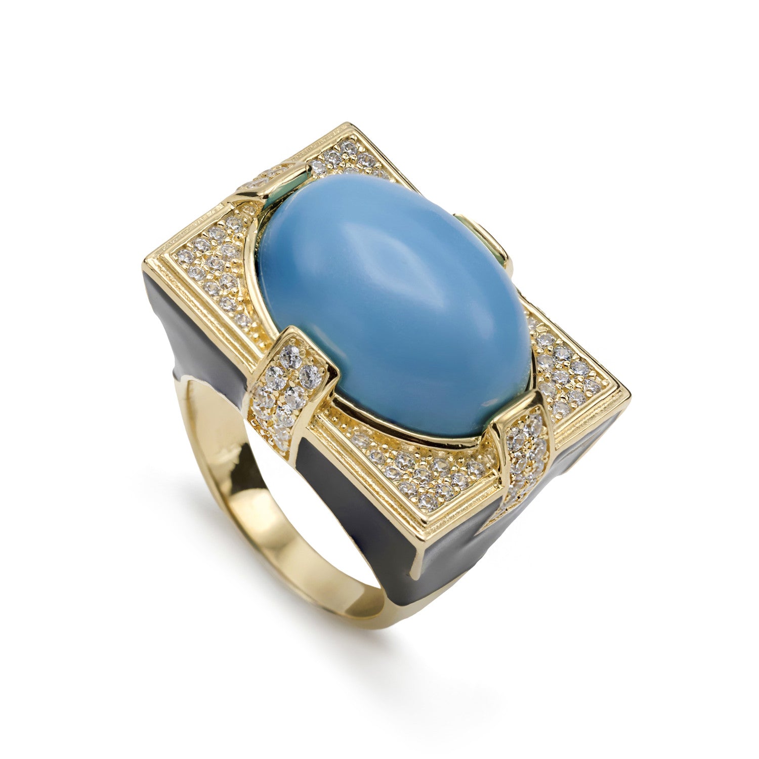 Anillo sello diseño rectangular con circonitas y esmalte-LINEARGENT