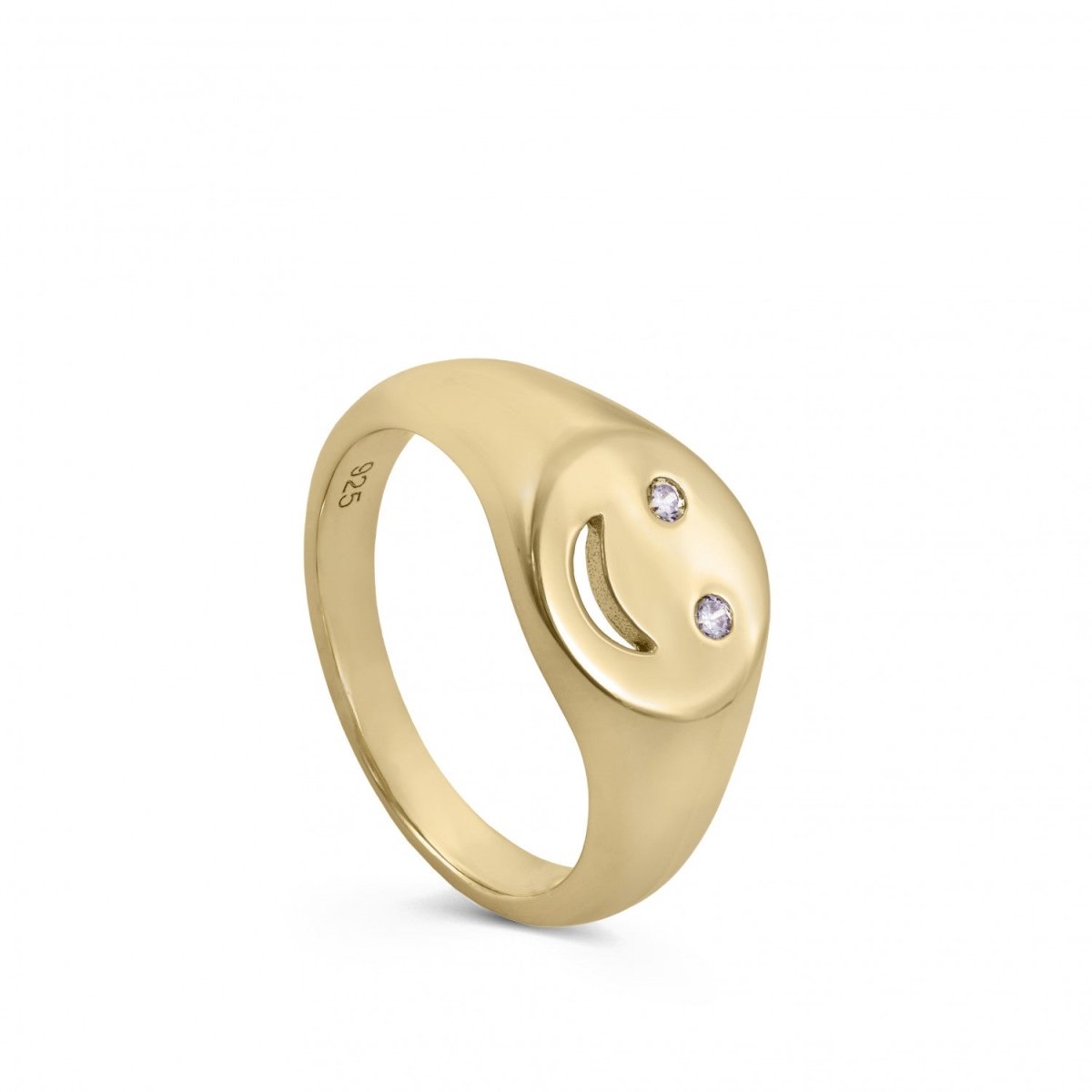 Anillo sello diseño smile con circonitas y baño de oro-LINEARGENT