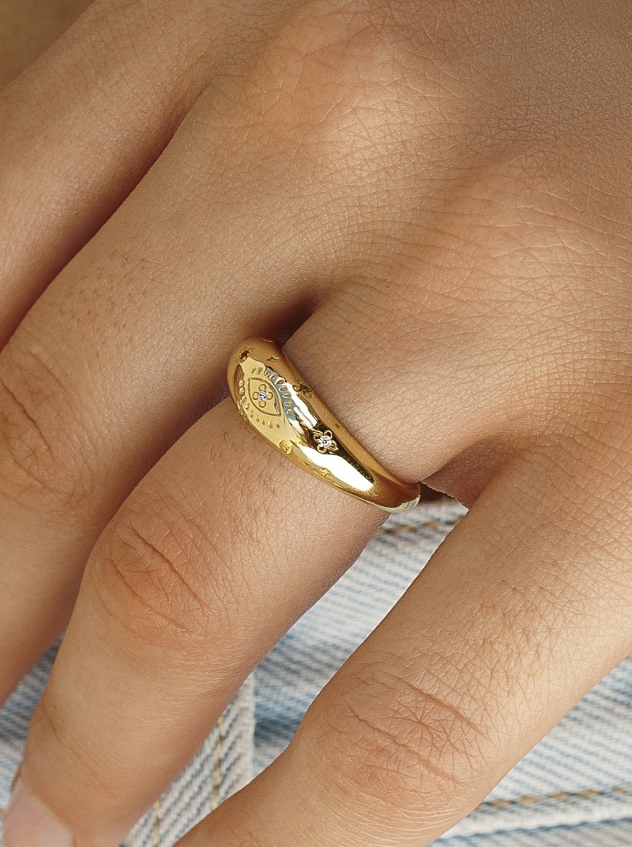 Anillo sello motivo floral con circonitas pequeñas-LINEARGENT