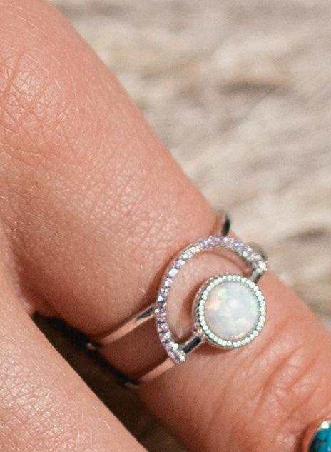 Anillos anchos de plata con ópalo y semicírculo rose-LINEARGENT