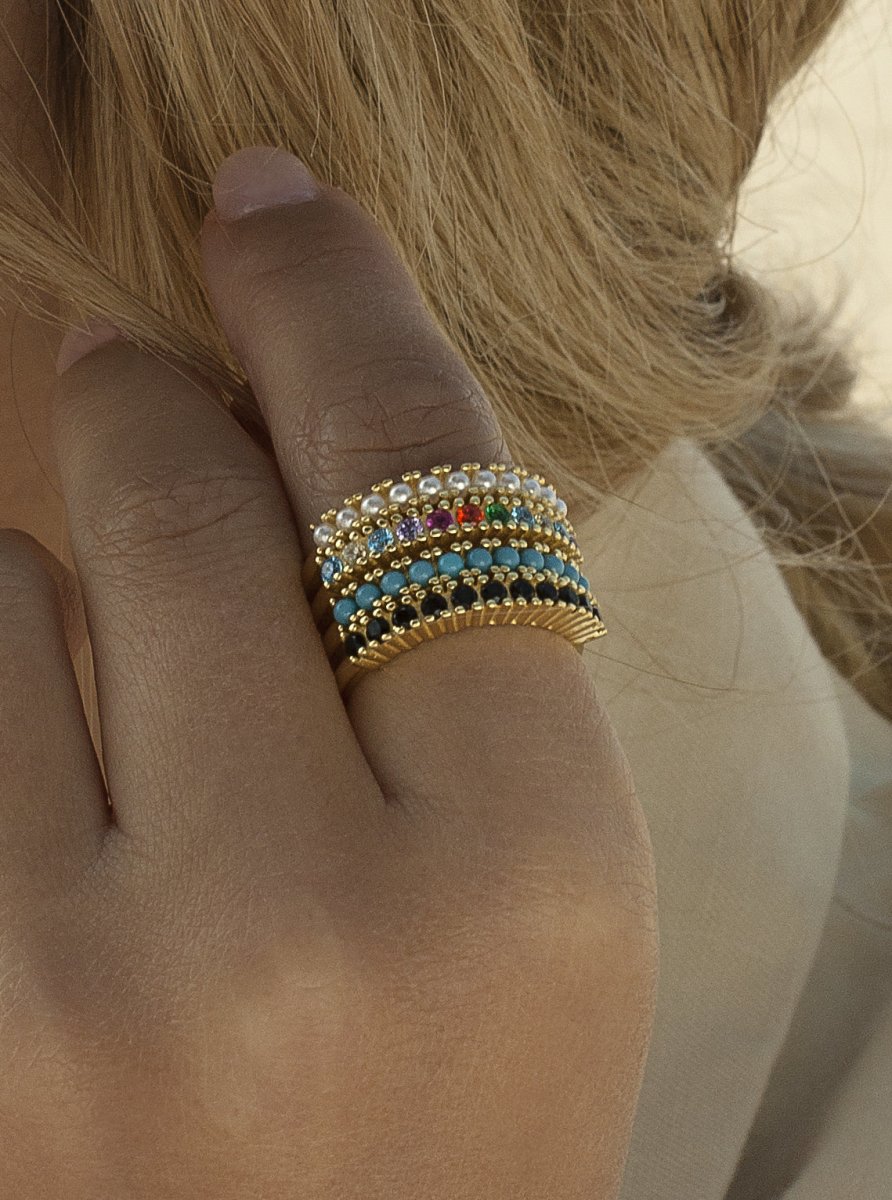 Anillos anchos formado por piedras circonitas y perlas-LINEARGENT