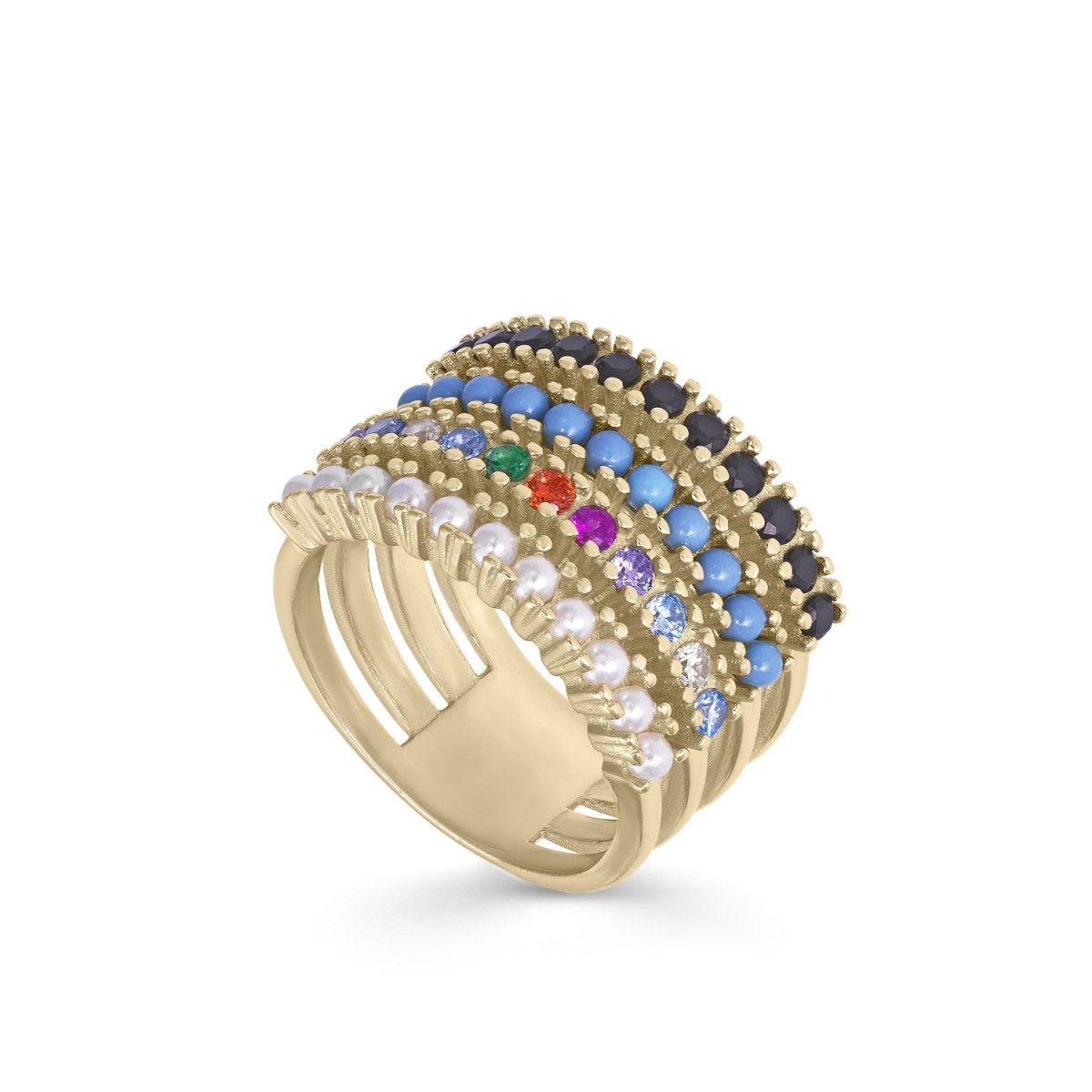 Anillos anchos formado por piedras circonitas y perlas-LINEARGENT