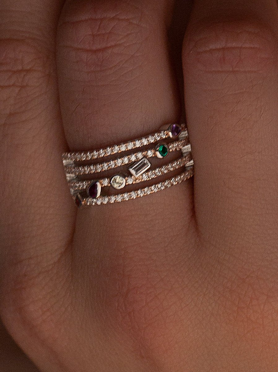 Anillos con piedras de colores diseño de cuatro carriles-LINEARGENT