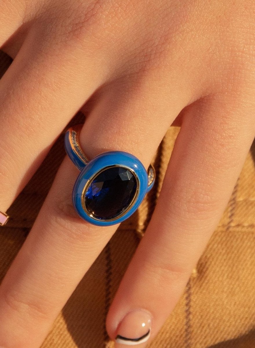 Anillos de diseño con esmalte azul oscuro y circonitas-LINEARGENT