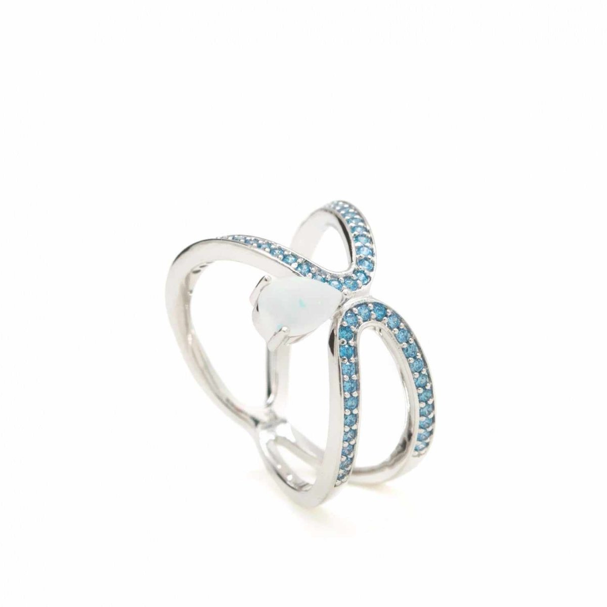 Anillos de diseño doble forma con circonitas azules y gema central-LINEARGENT