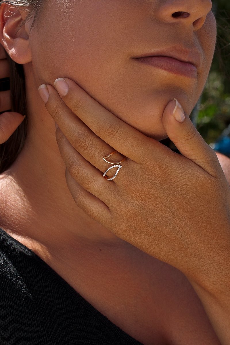 Anillos de diseño hoja efecto espejo con circonitas-LINEARGENT