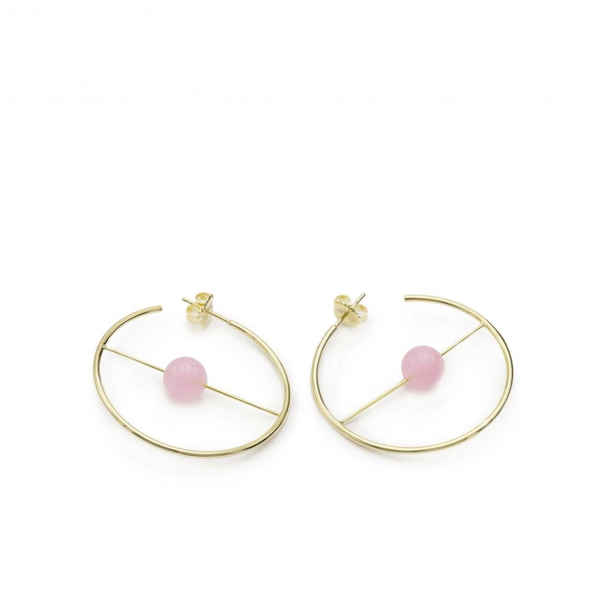 Aros dorados diseño circular y barra con cuarzo rosa central-LINEARGENT