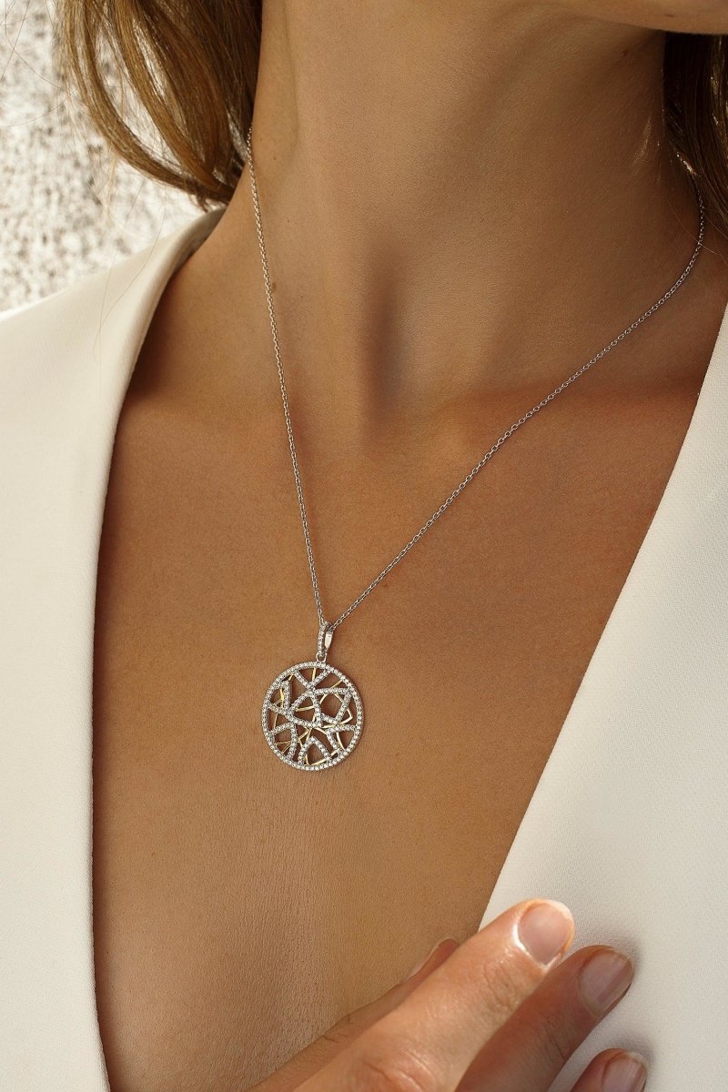 Colgantes bicolor con motivos geométricos brillantes-LINEARGENT