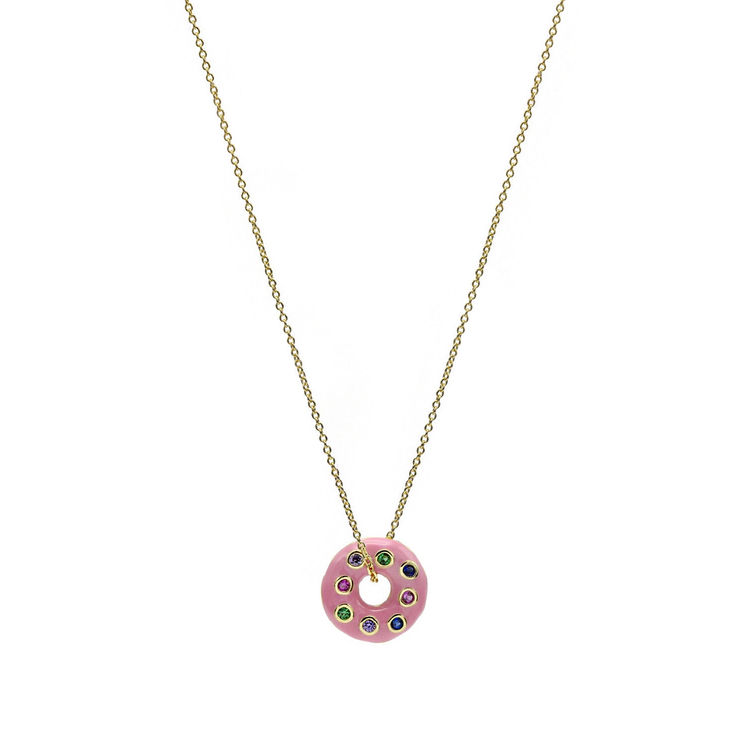 Colgantes plata originales con motivo de donut circonitas multicolor y esmalte fucsia