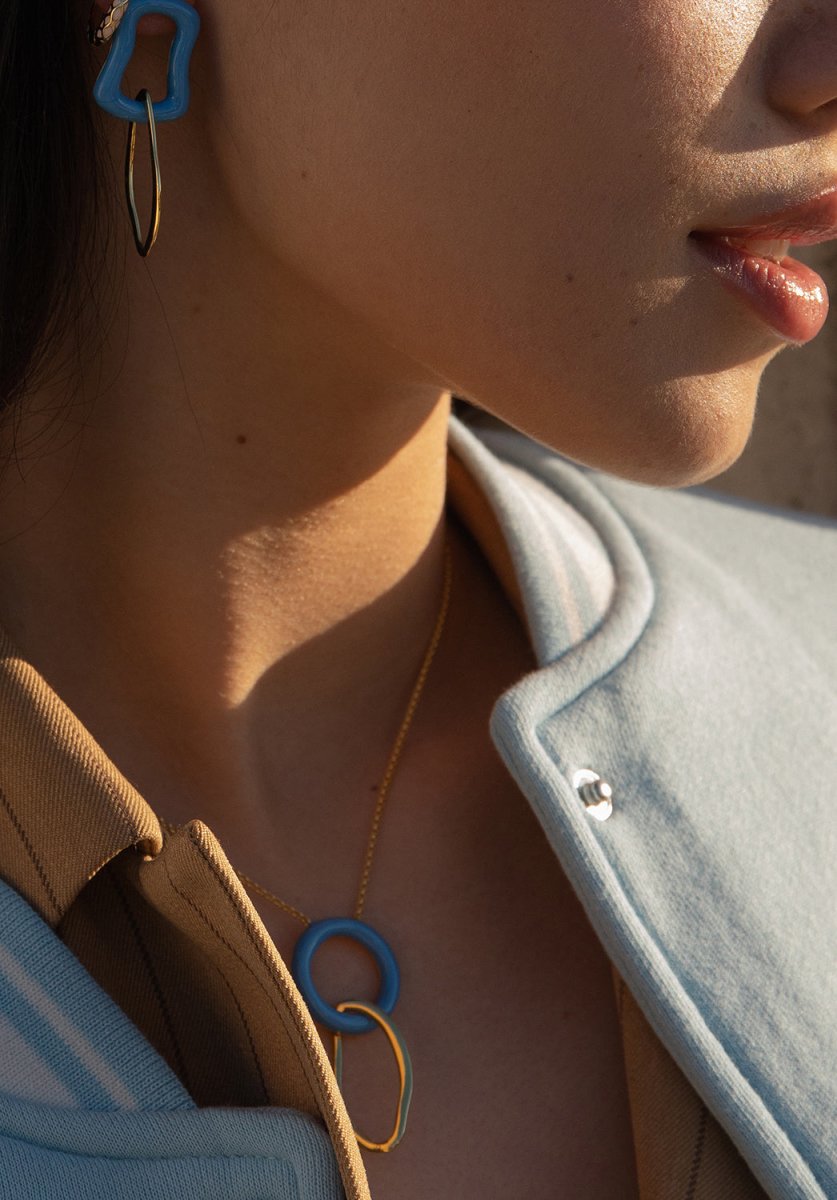 Colgantes plata originales doble motivo curvilíneo de esmalte azul électrico y plata lisa-LINEARGENT