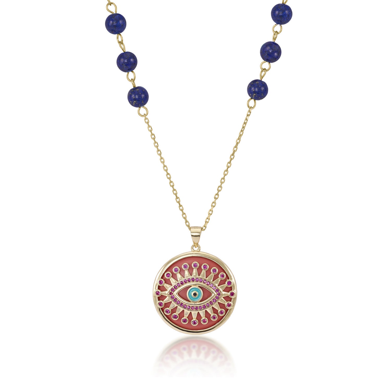 Collar medalla motivo central ojo con circonitas y esmalte azul-LINEARGENT