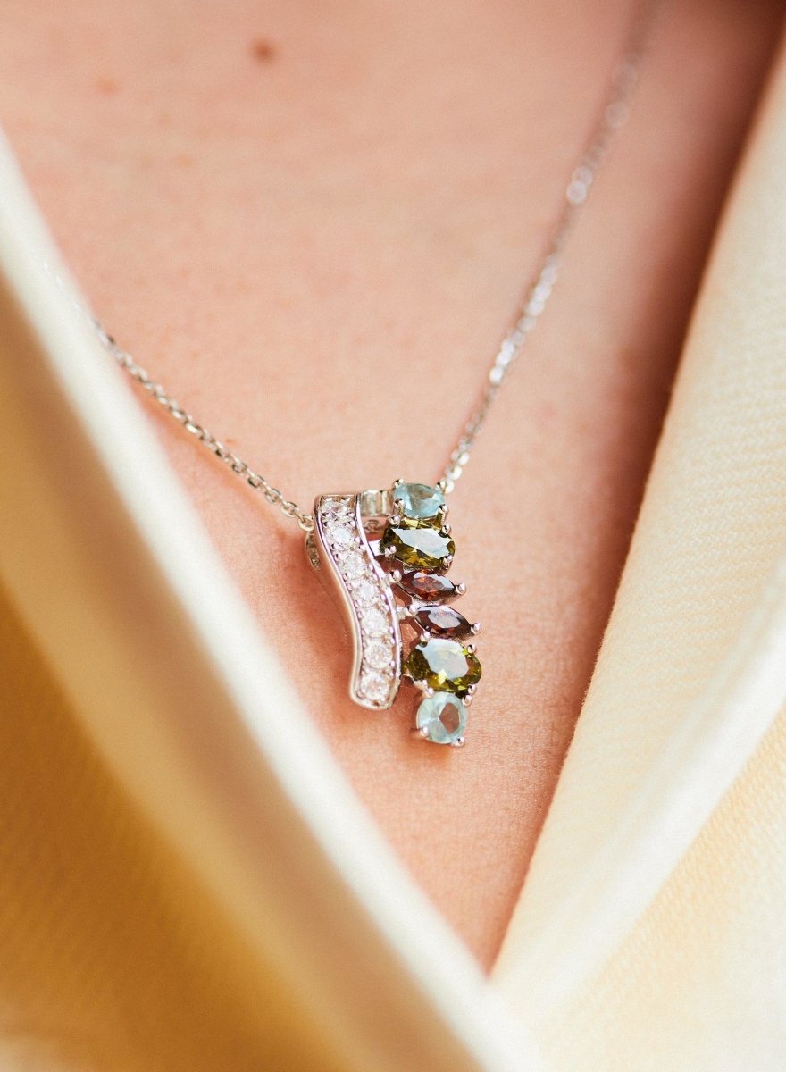Collares con piedras en plata diseño ondulado verde y marrón-LINEARGENT