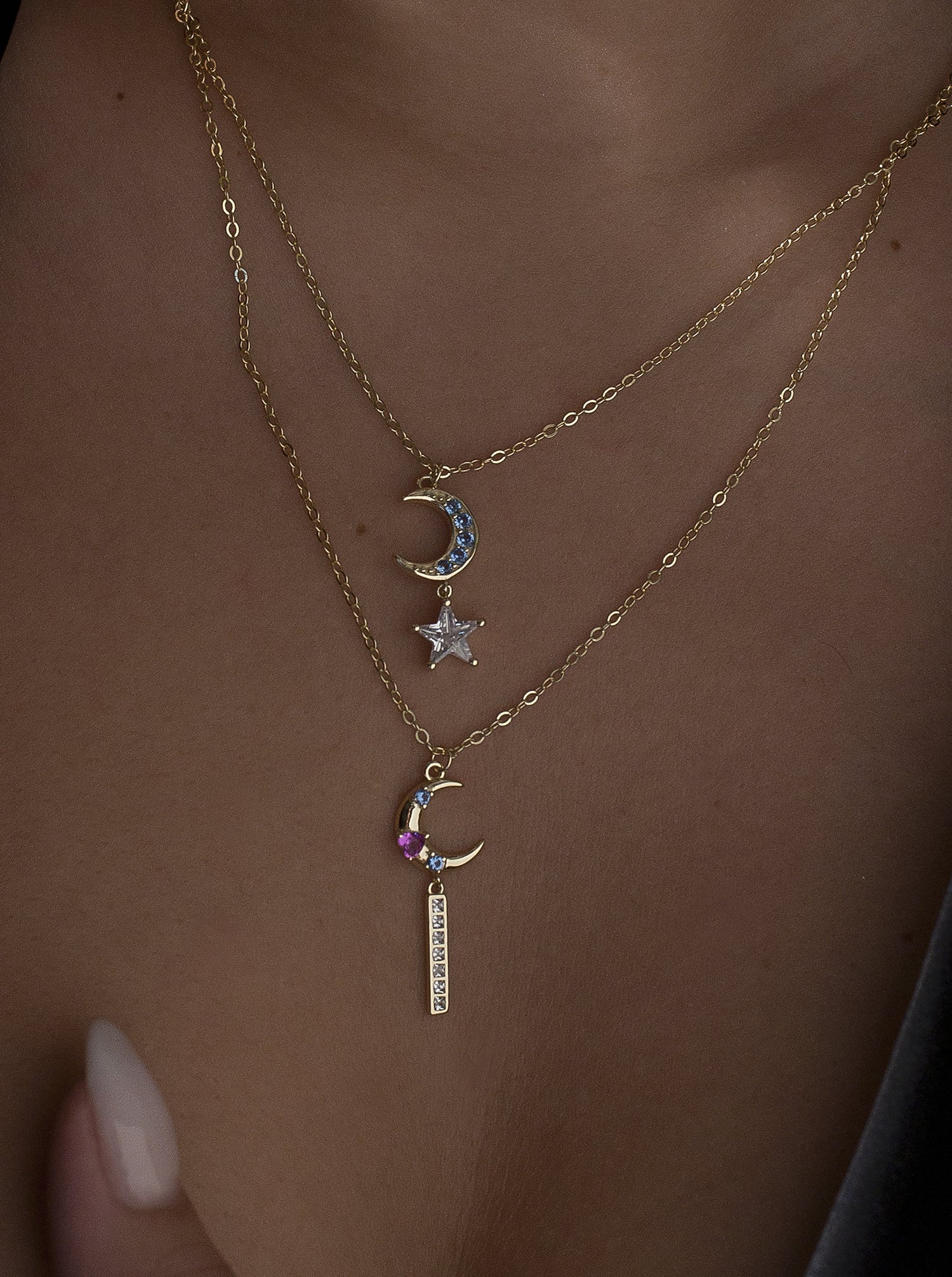 Collares dobles de plata bañada en oro diseño lunar