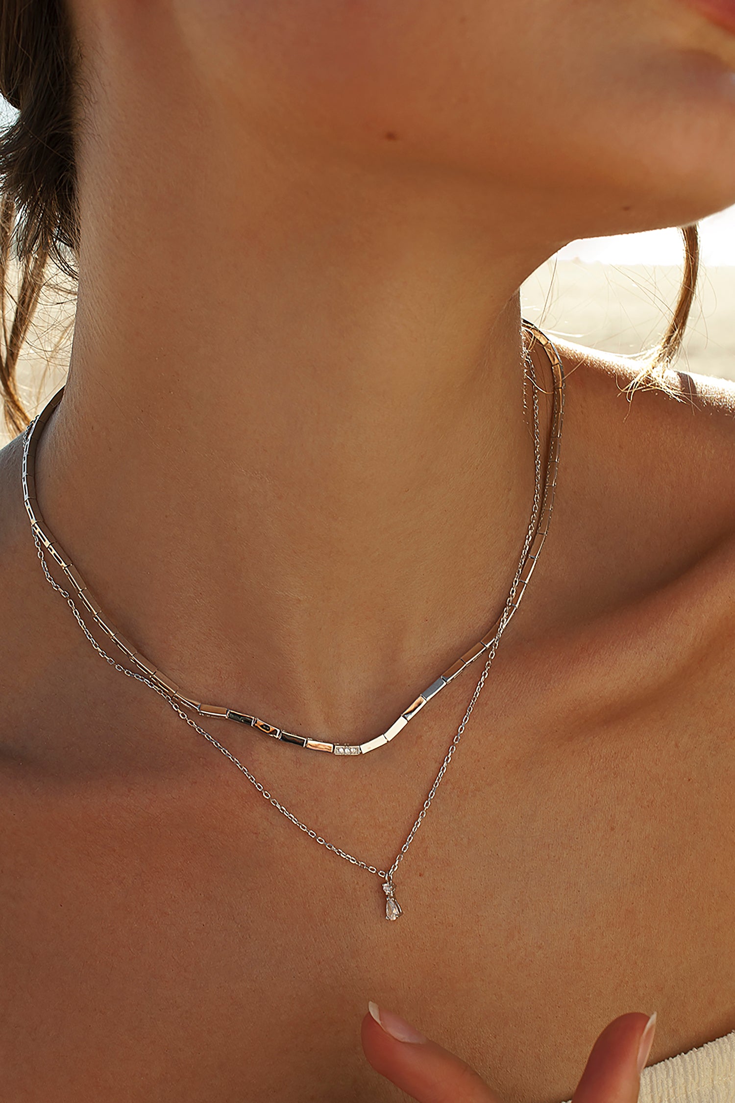 Collares dobles de plata diseño rígido y circonitas-LINEARGENT